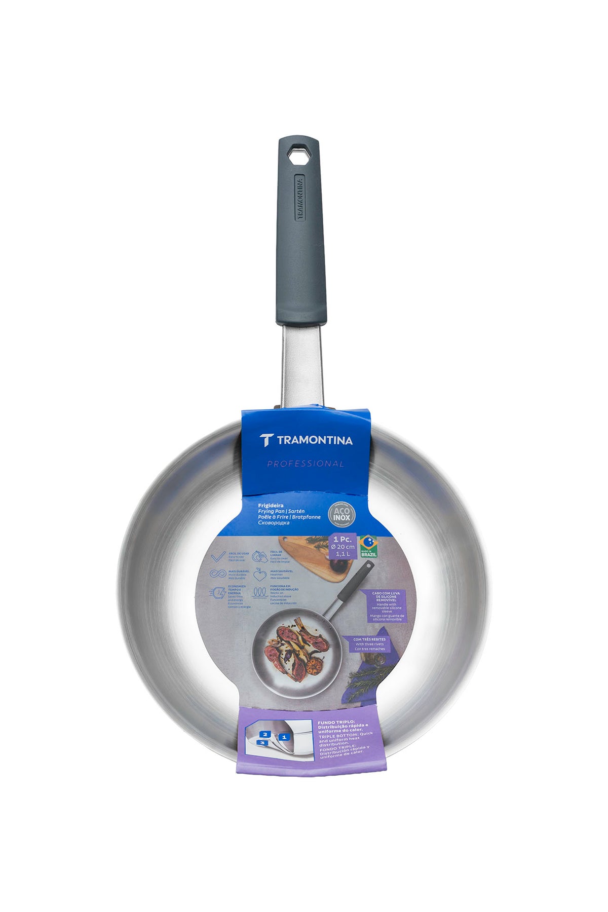 Professional Stainless Steel Frying Pan with Tri-Ply Base and Removable Grey Silicone sleeve, 20 cm