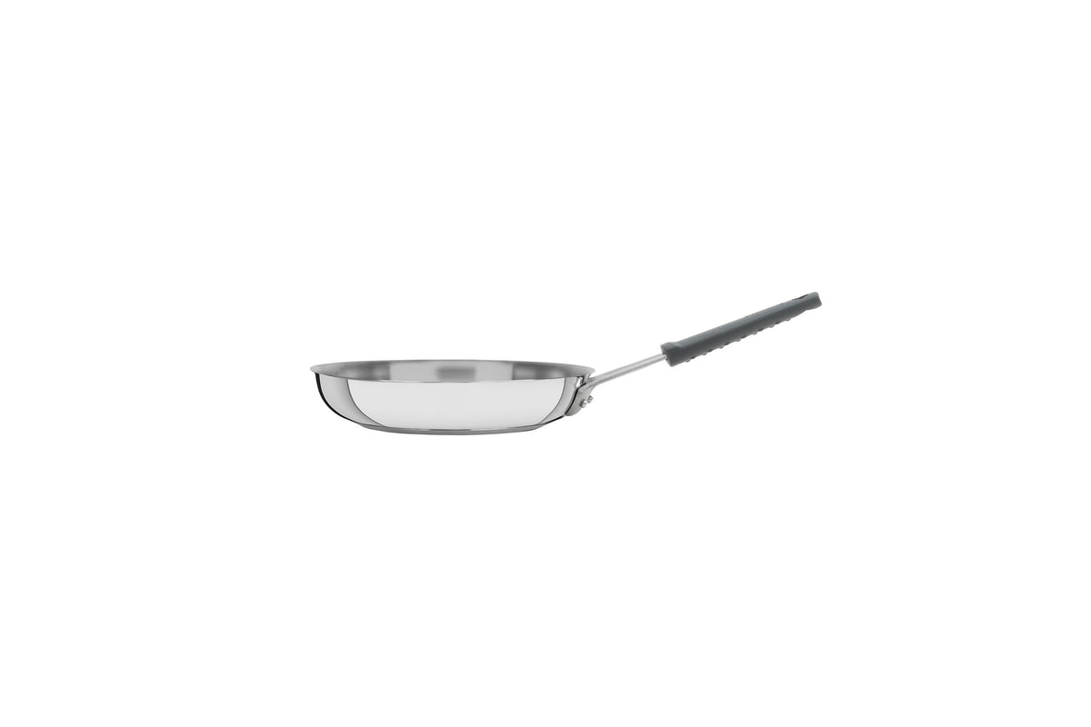 Professional Stainless Steel Frying Pan with Tri-Ply Base and Removable Grey Silicone sleeve, 20 cm