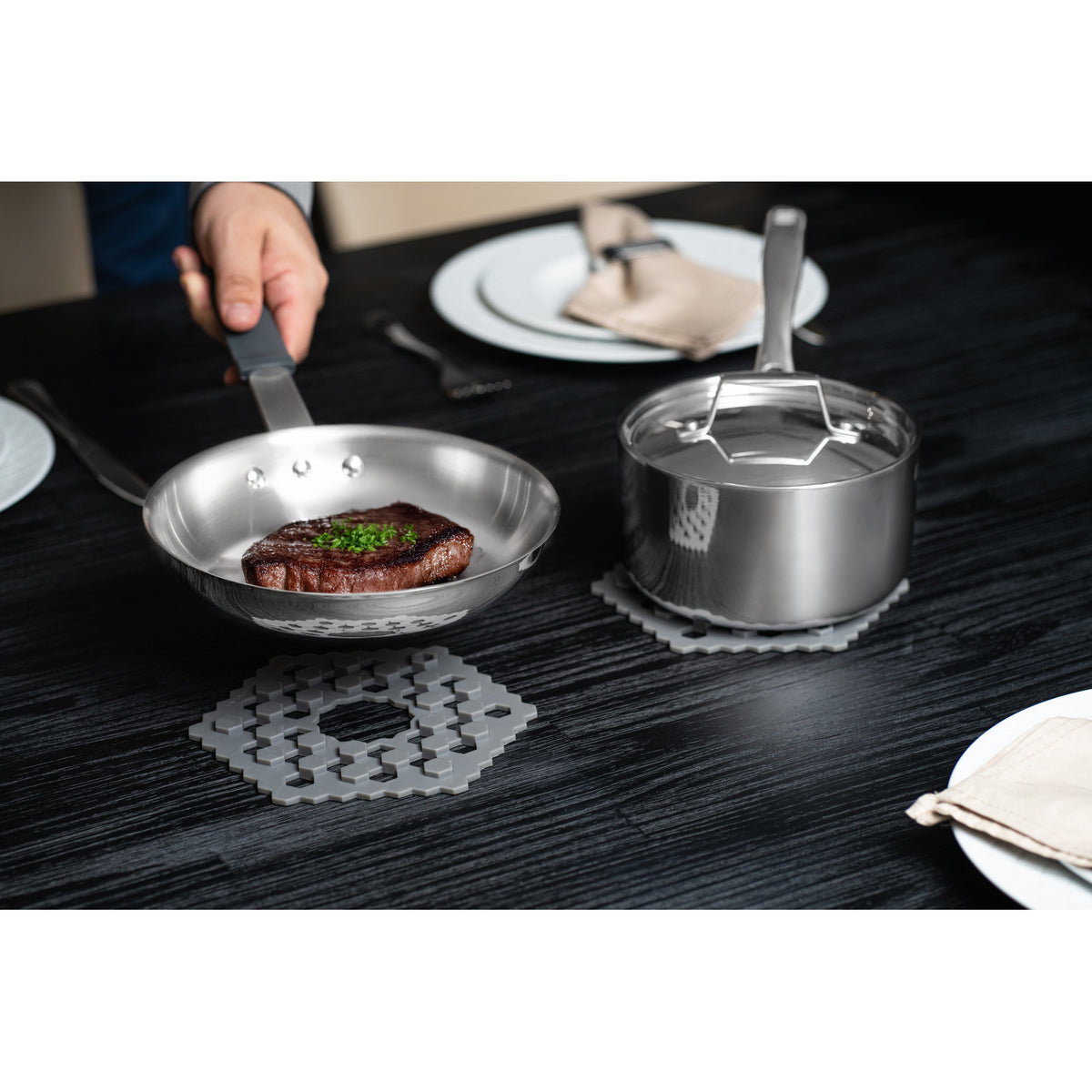 Professional Stainless Steel Frying Pan with Tri-Ply Base and Removable Grey Silicone sleeve, 20 cm