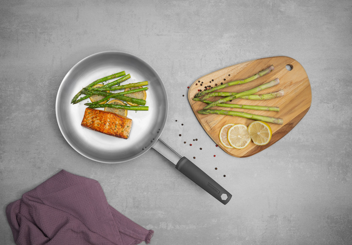 Professional Stainless Steel Frying Pan with Tri-Ply Base and Removable Grey Silicone sleeve, 26 cm