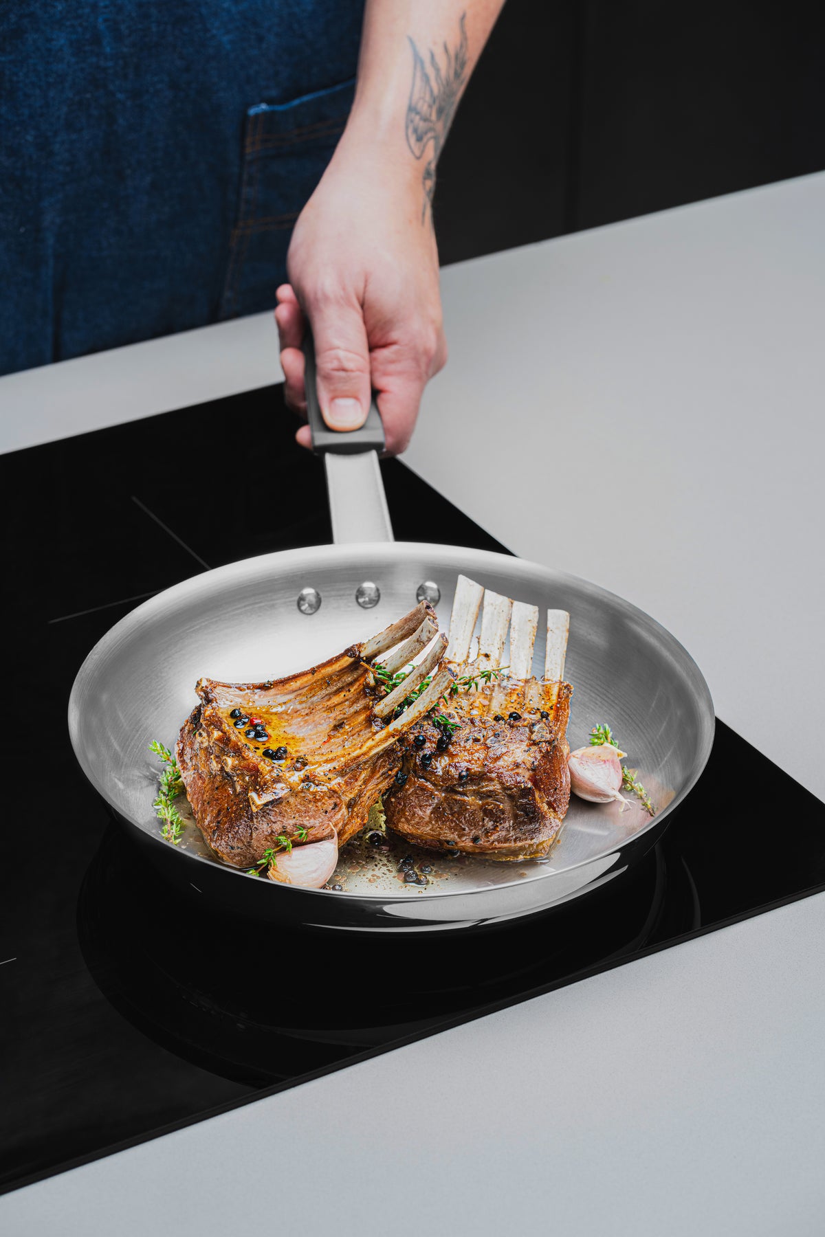Professional Stainless Steel Frying Pan with Tri-Ply Base and Removable Grey Silicone sleeve, 30cm