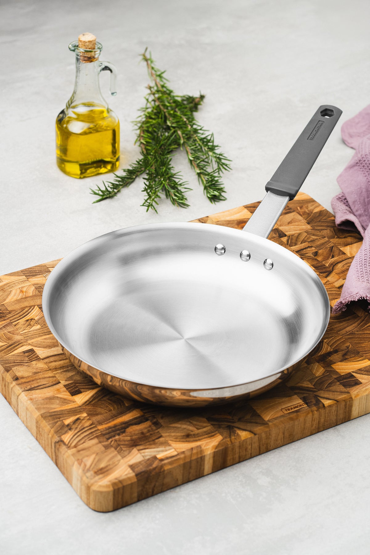Professional Stainless Steel Frying Pan with Tri-Ply Base and Removable Grey Silicone sleeve, 30cm