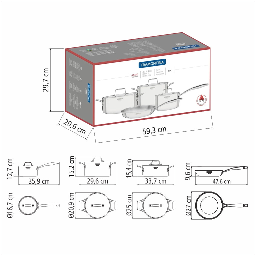Grano Try-Ply Clad Stainless Steel 4-Piece Cookware Set