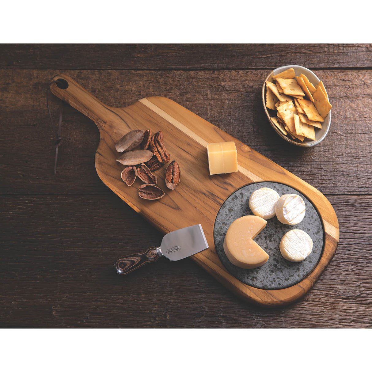 Provence Teak Wood Cheese Board with Handle and Stone