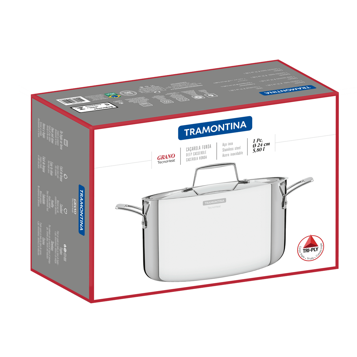 Grano Try-Ply Clad Stainless Steel Deep Casserole, 24cm, 5.8L