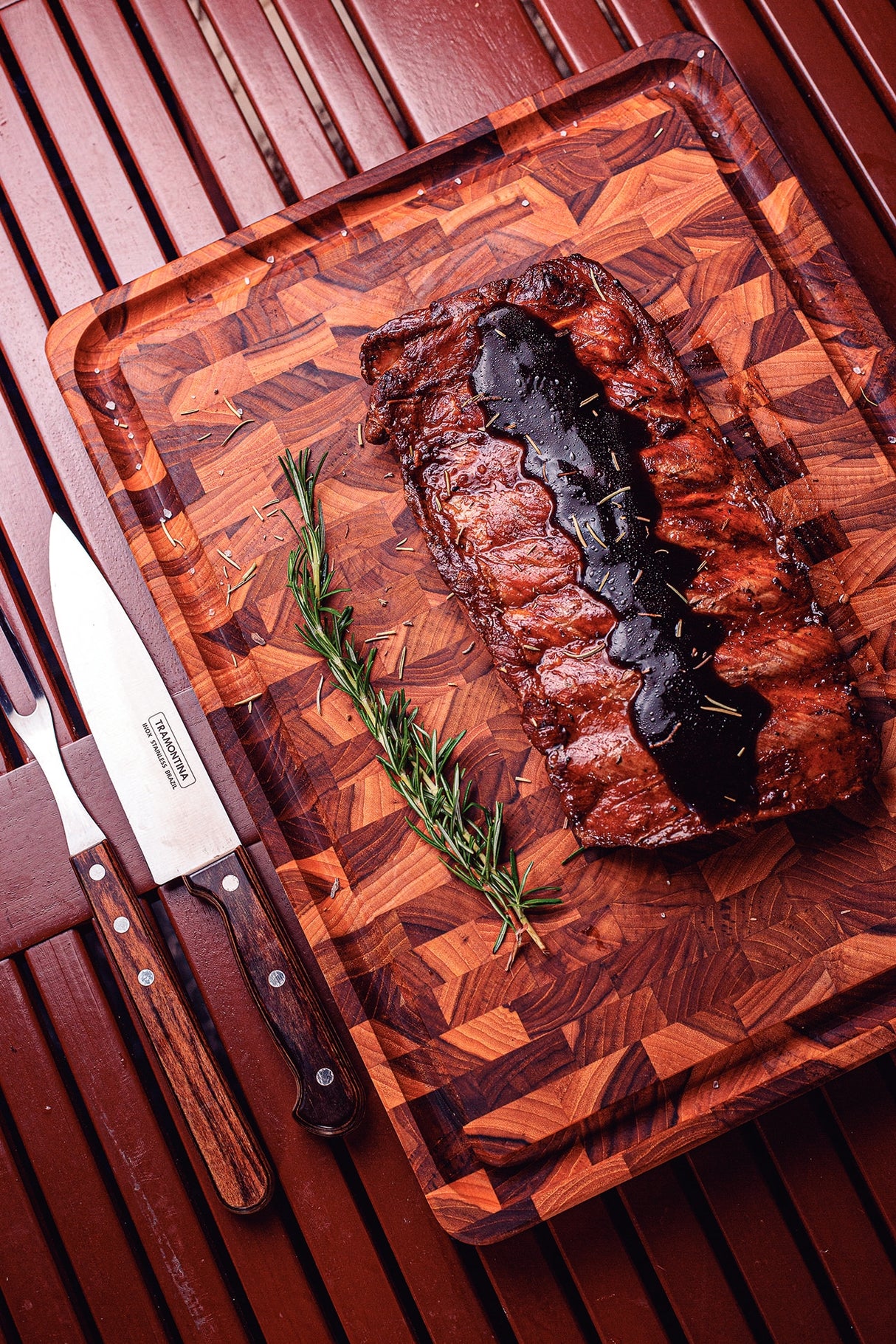 End Grain Barbecue Chopping Board, Teak Wood with Mineral Oil Finish, 46x35cm - FSC Certified