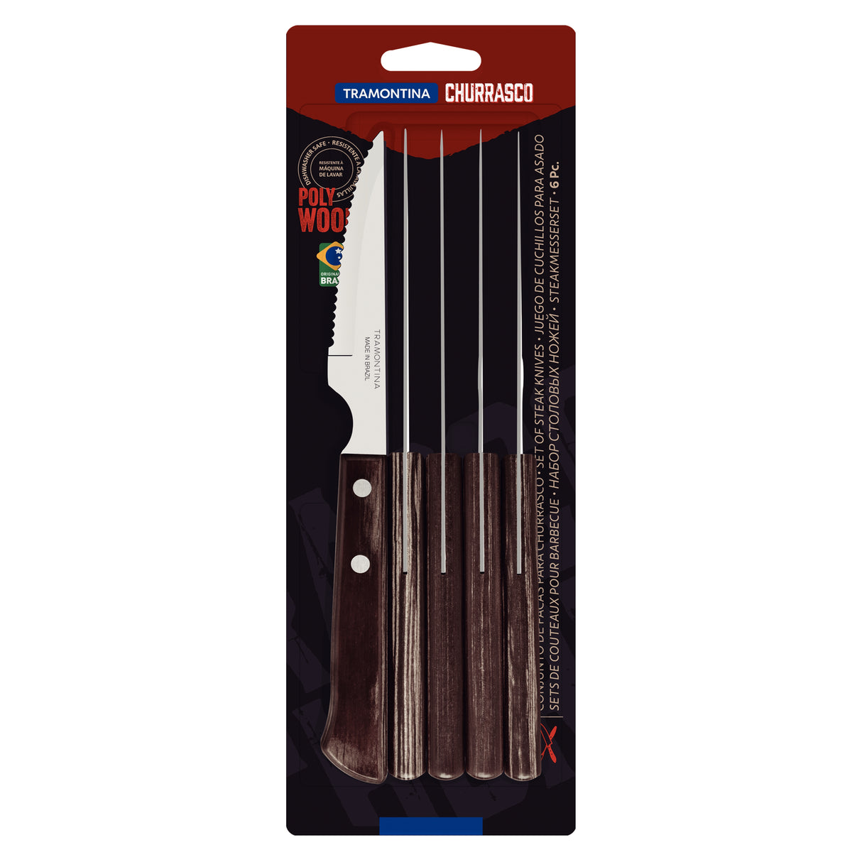 6-Piece Stainless-Steel Steak Knife Set with Brown Polywood Handles
