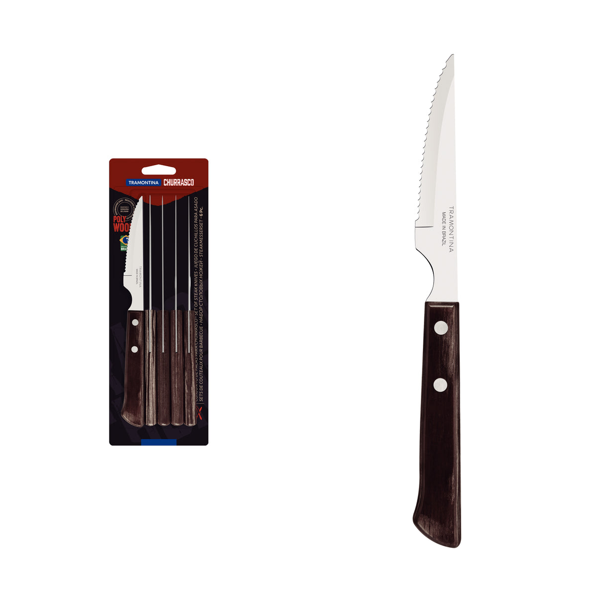 6-Piece Stainless-Steel Steak Knife Set with Brown Polywood Handles