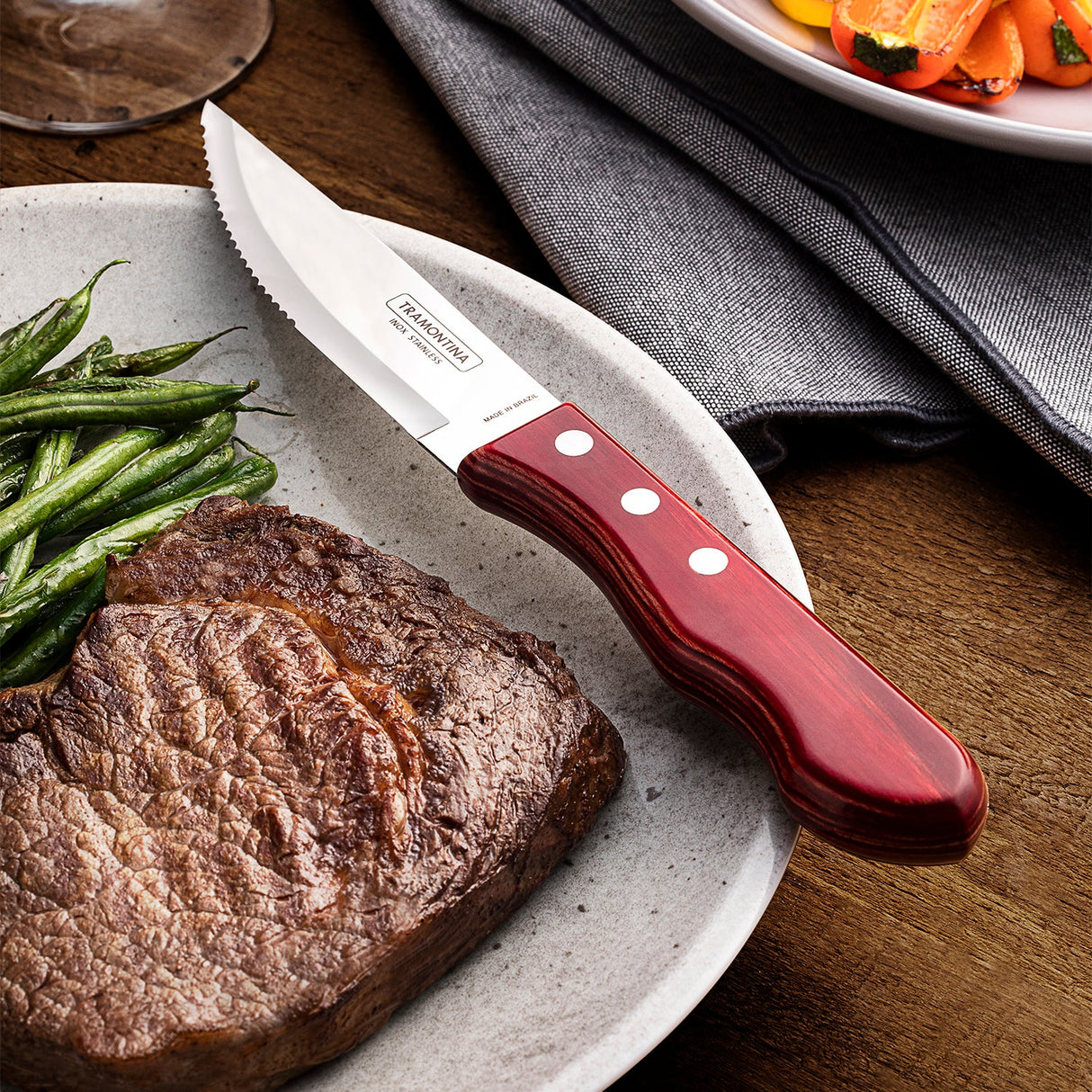 4-Piece Jumbo Steak Kinife Set Stainless-Steel and Treated Red Polywood handles