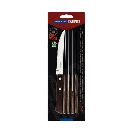 6-Piece Set of Steak Knives Brown Polywood Handles