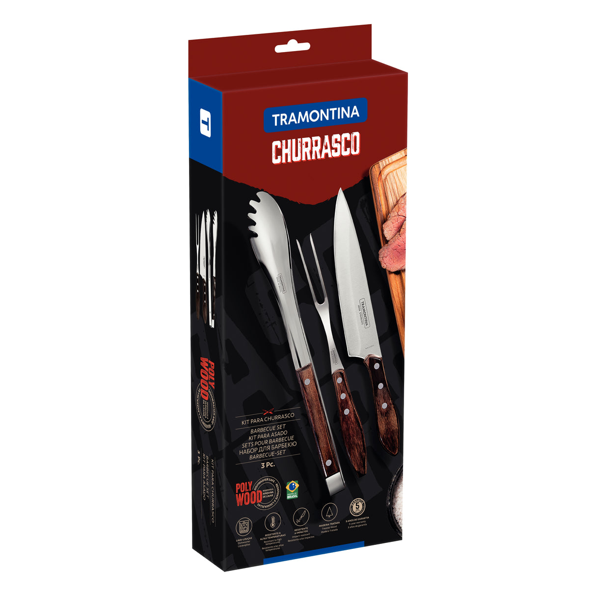 3-Piece Utensil Set with Stainless-Steel Blades and Treated Brown Polywood Handles