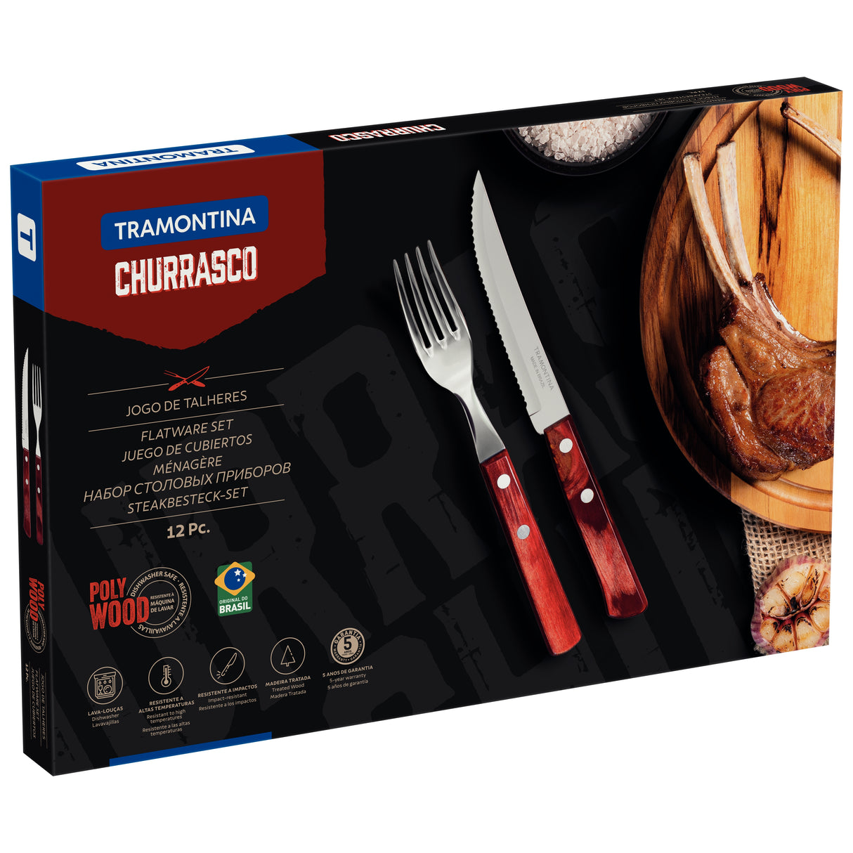 12-Piece Stainless-Steel Flatware Set with Red Polywood Handles