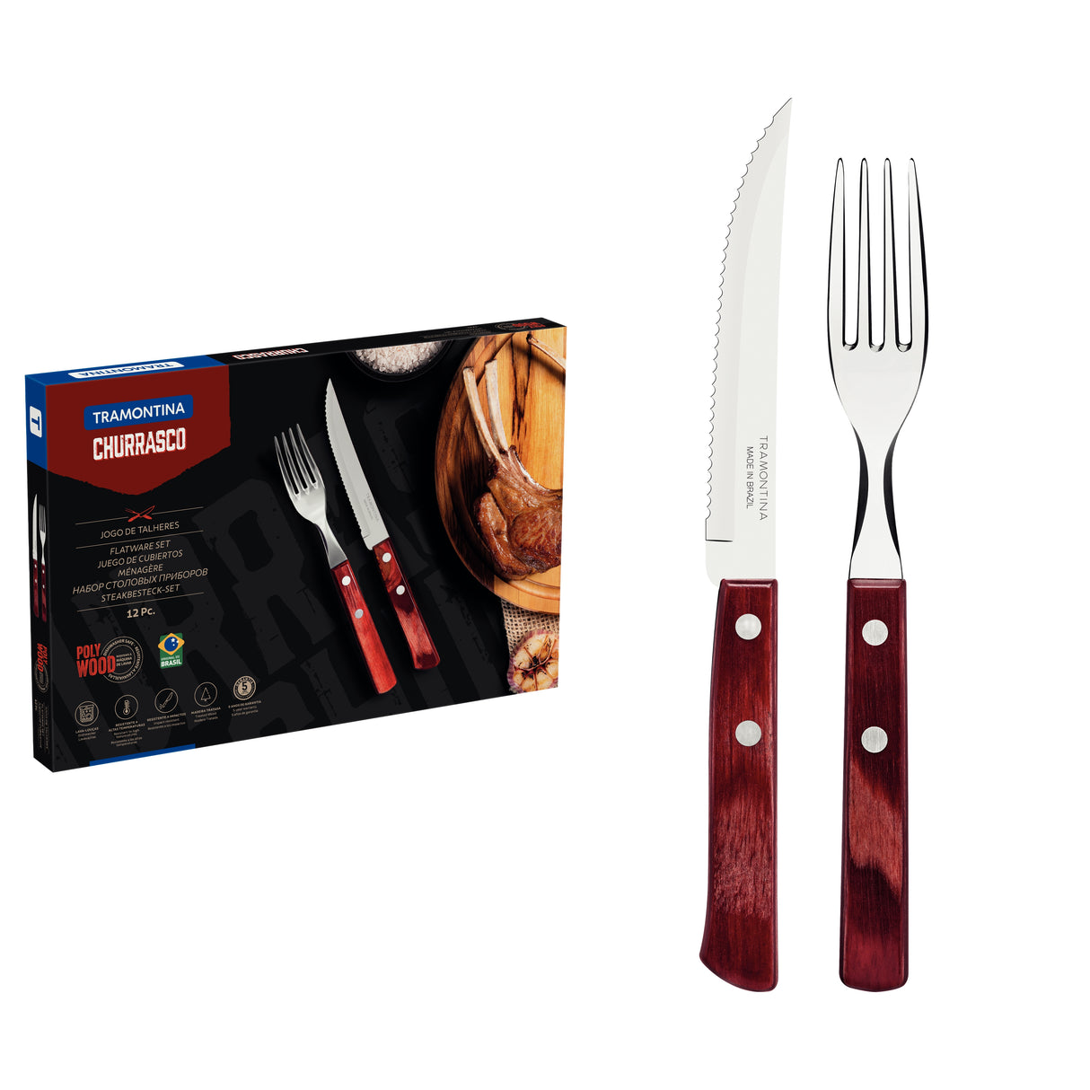12-Piece Stainless-Steel Flatware Set with Red Polywood Handles