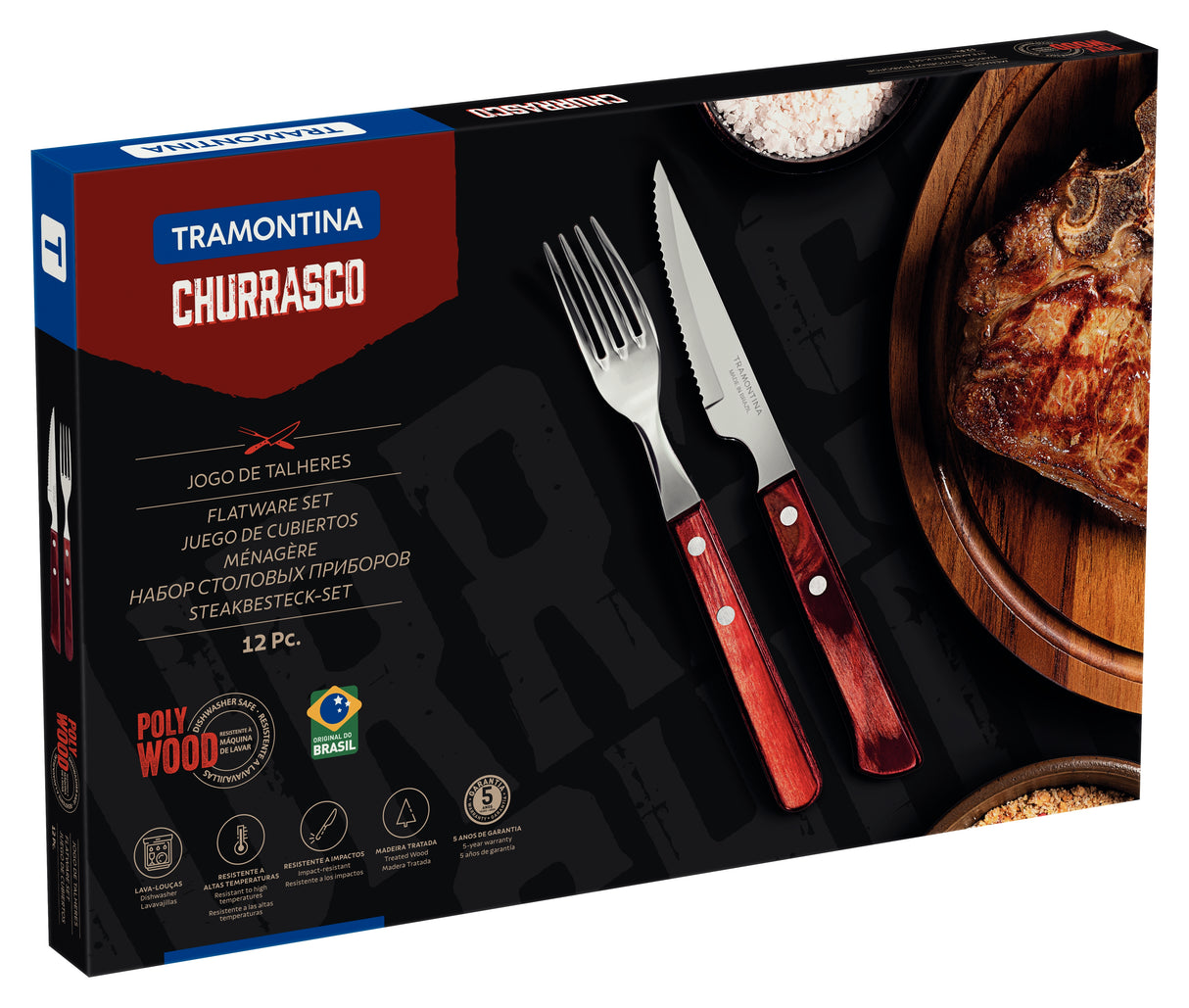 12-Piece Stainless-Steel Flatware Set with Red Polywood Handles.