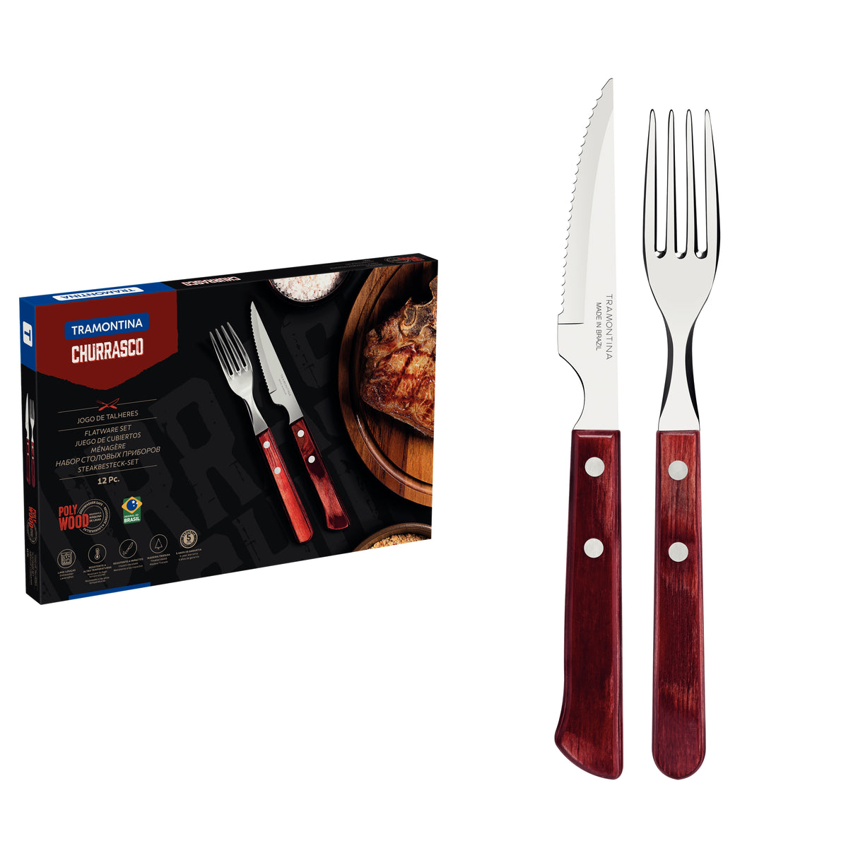 12-Piece Stainless-Steel Flatware Set with Red Polywood Handles.
