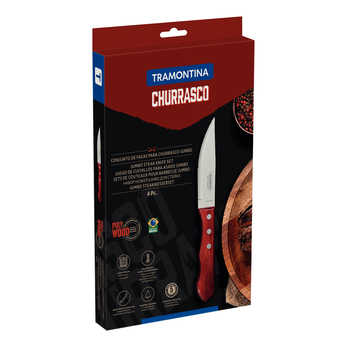 4-Piece Jumbo Steak Kinife Set Stainless-Steel and Treated Red Polywood handles