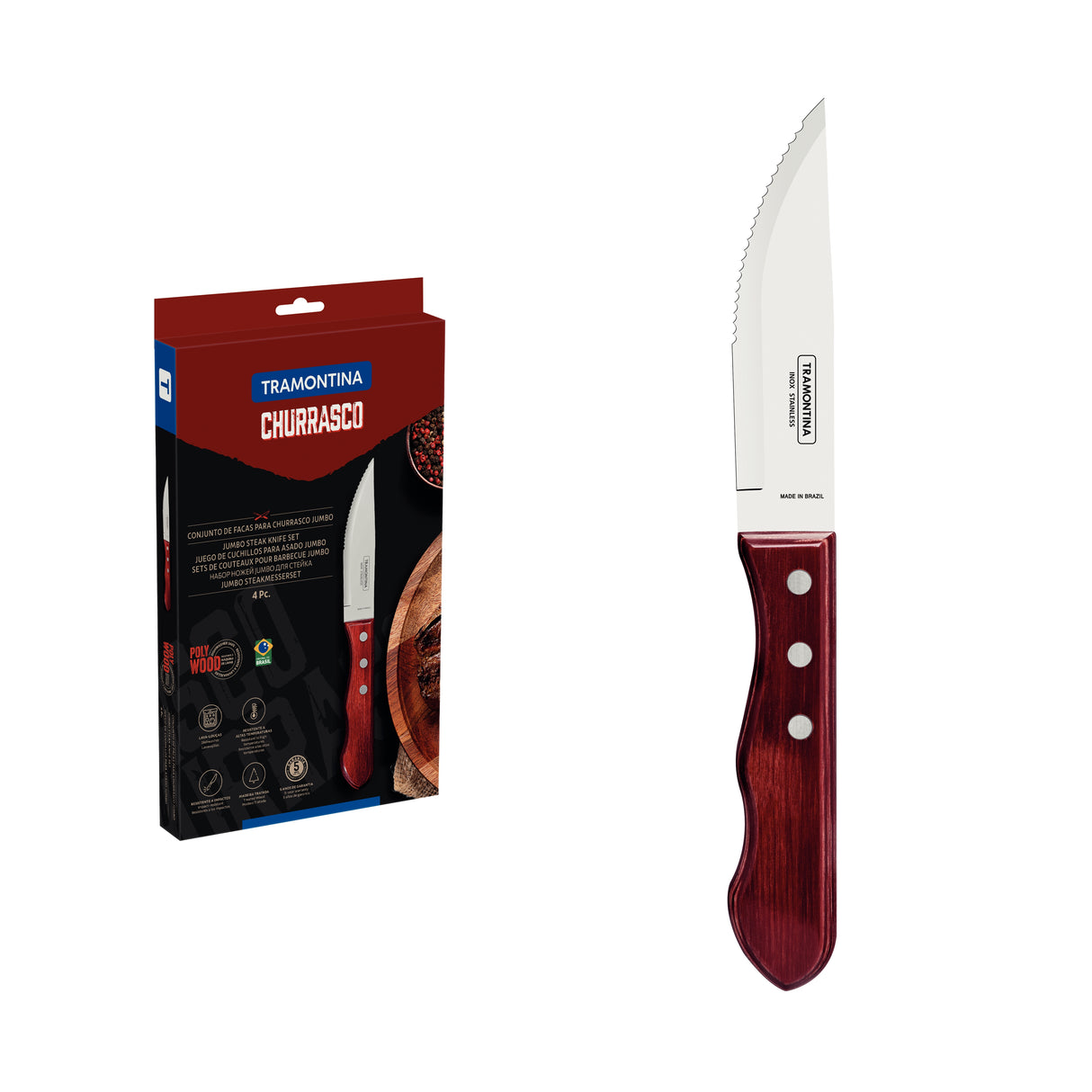 4-Piece Jumbo Steak Kinife Set Stainless-Steel and Treated Red Polywood handles