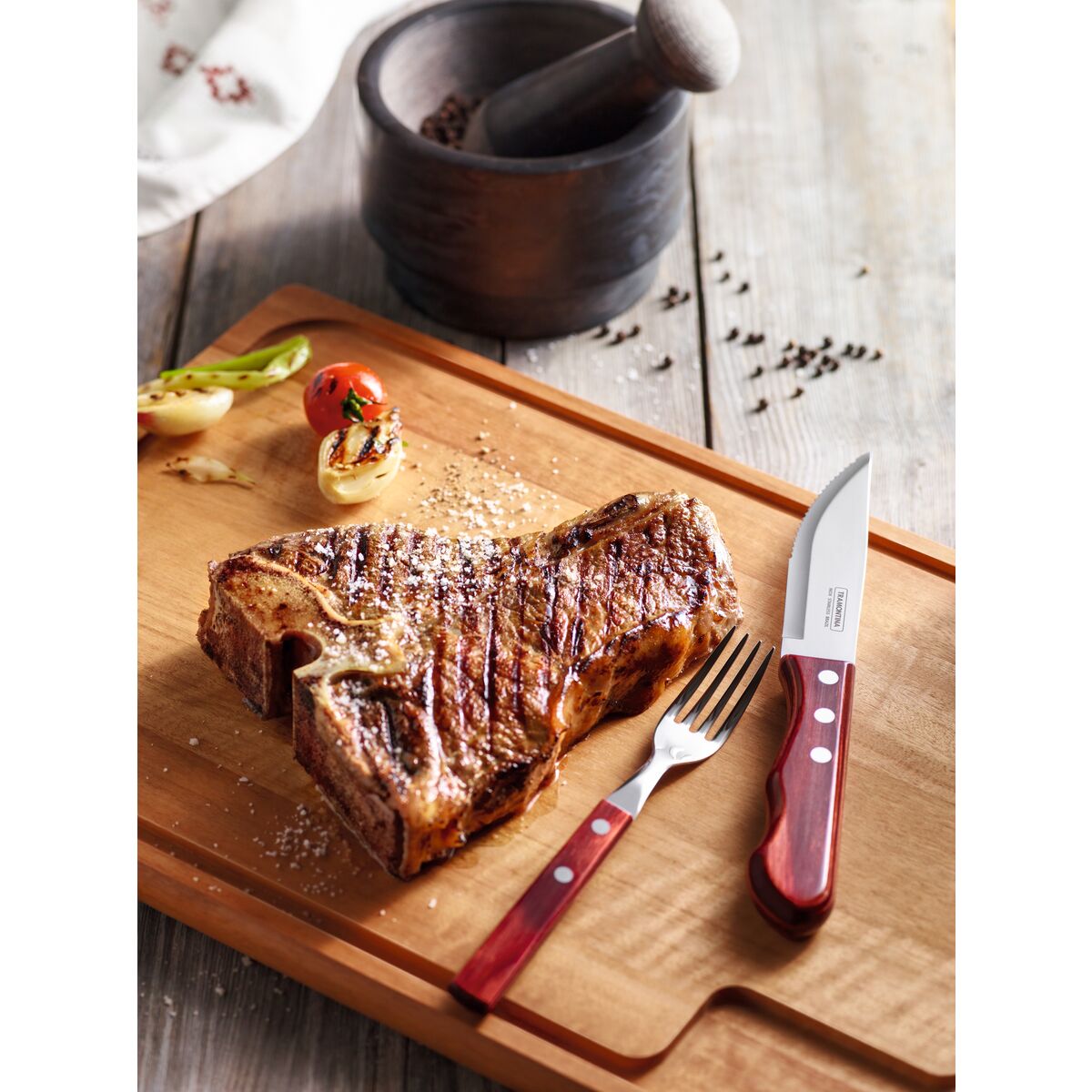 4-Piece Jumbo Steak Kinife Set Stainless-Steel and Treated Red Polywood handles