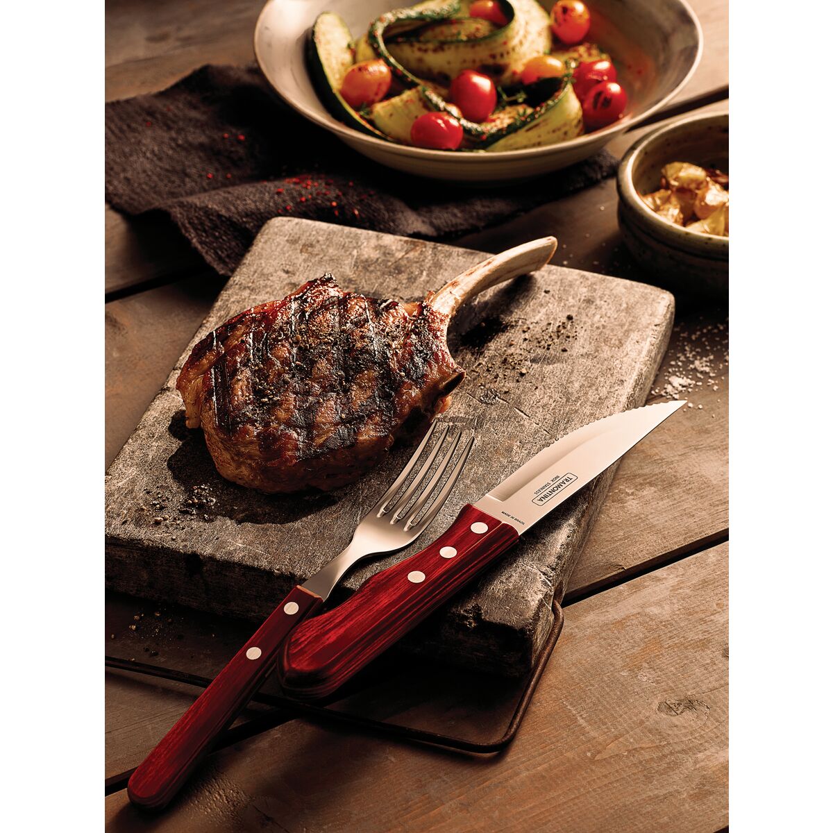 4-Piece Jumbo Steak Kinife Set Stainless-Steel and Treated Red Polywood handles