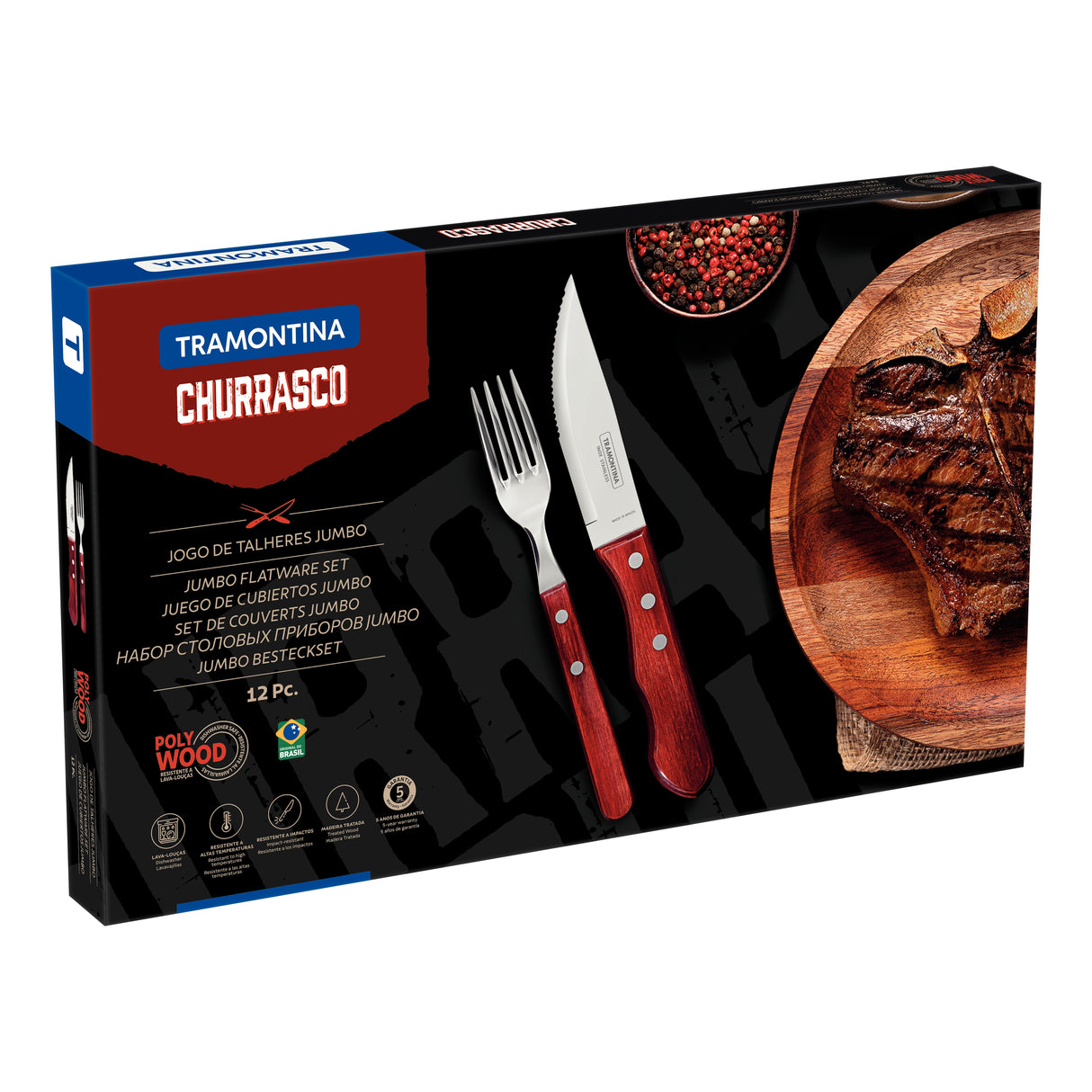 12-Piece Jumbo Flatware Set Stainless-Steel with Red Polywood Handles