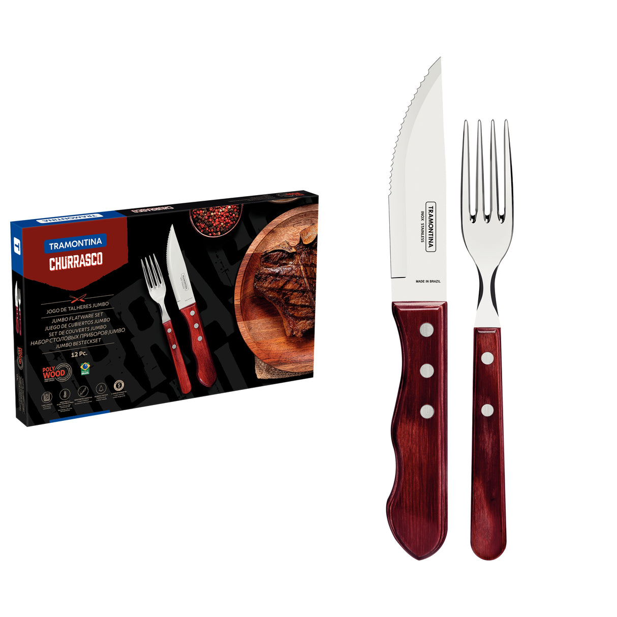 12-Piece Jumbo Flatware Set Stainless-Steel with Red Polywood Handles
