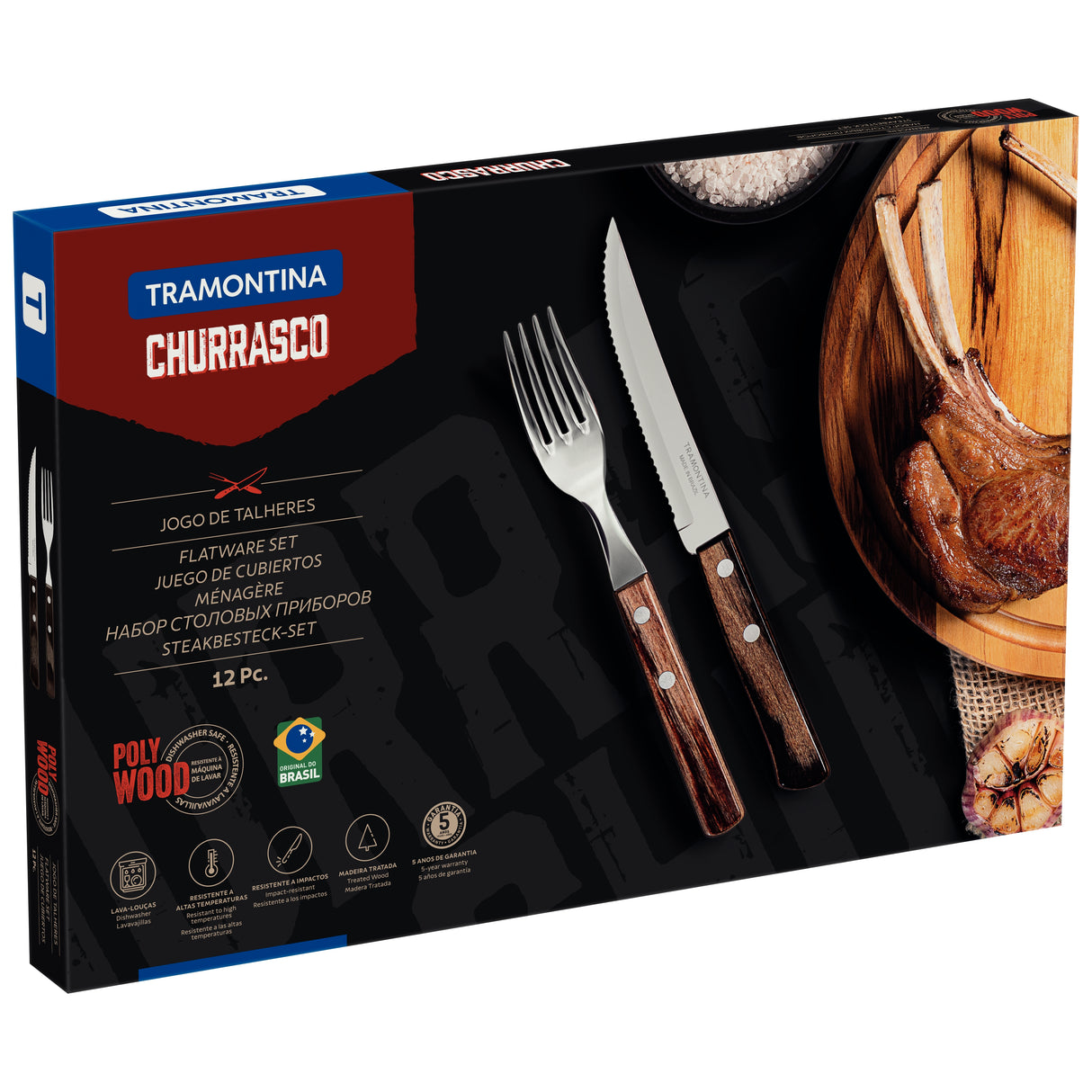 12-Piece Stainless-Steel Flatware Set with Brown Polywood Handles