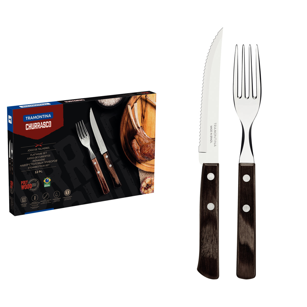 12-Piece Stainless-Steel Flatware Set with Brown Polywood Handles