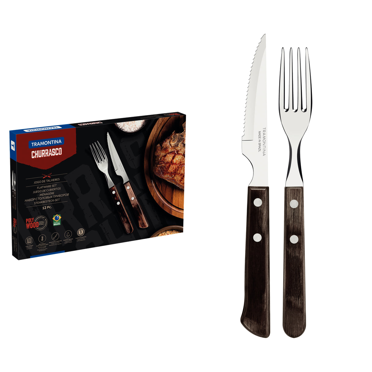 12-Piece Stainless-Steel flatware set with brown Polywood handles