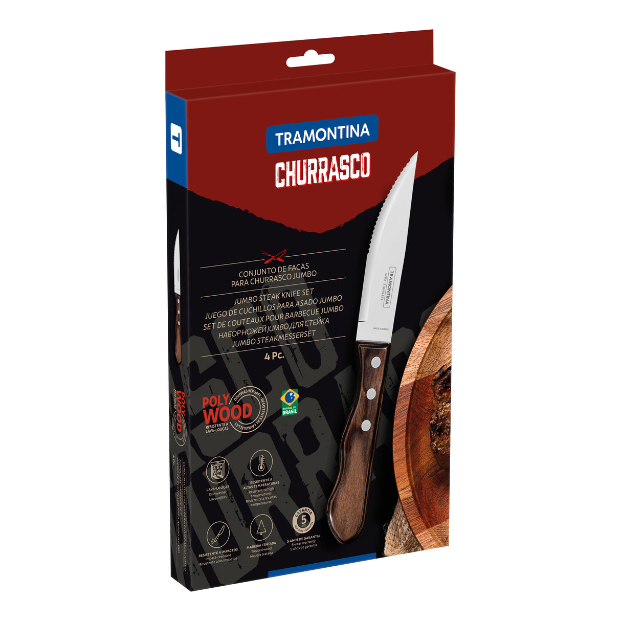 Churrasco Polywood 4-Piece Jumbo Steak Knife Set, Brown