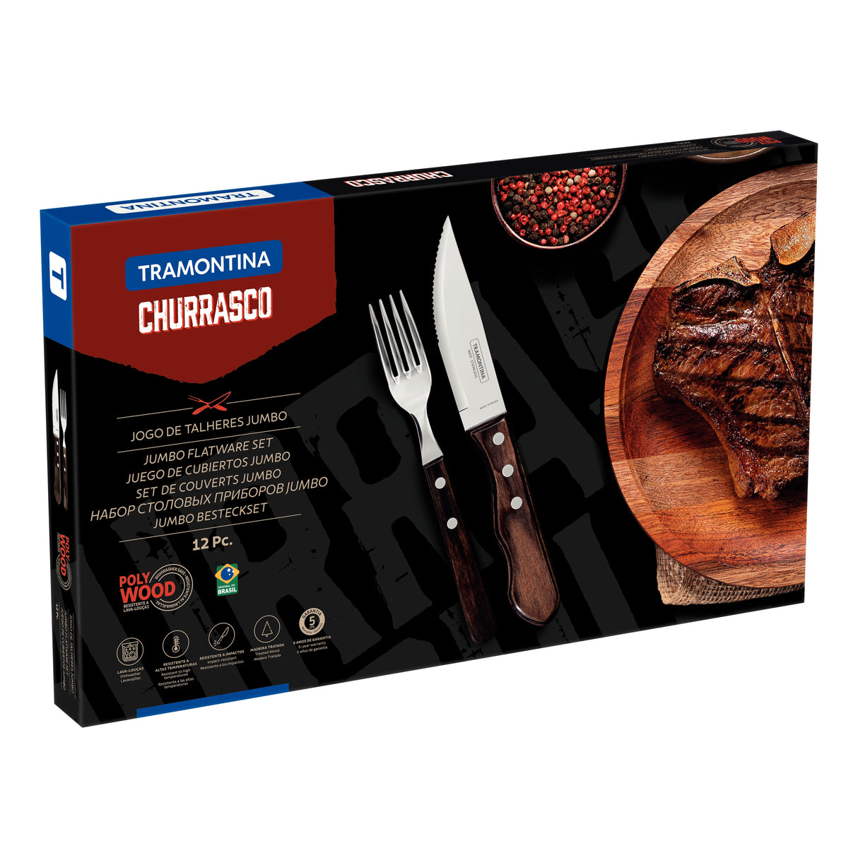 12-Piece Jumbo Flatware Set Stainless-Steel with Brown Polywood Handles