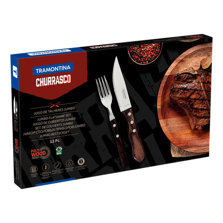 12-Piece Jumbo Flatware Set Stainless-Steel with Brown Polywood Handles