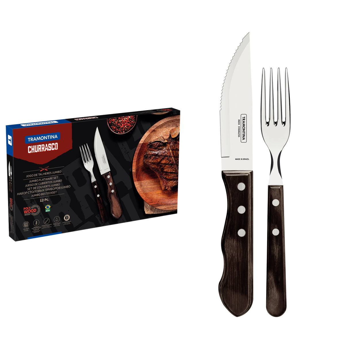 12-Piece Jumbo Flatware Set Stainless-Steel with Brown Polywood Handles