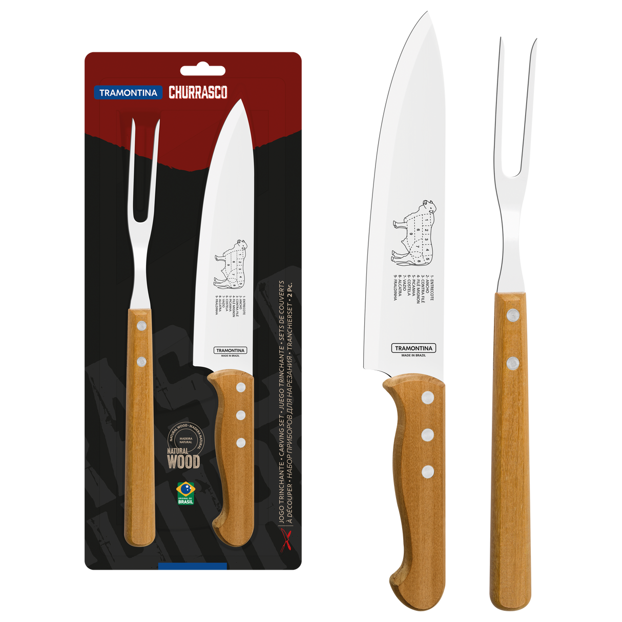 2-Piece Carving Set with Stainless-Steel Blades and Natural Wood Handles