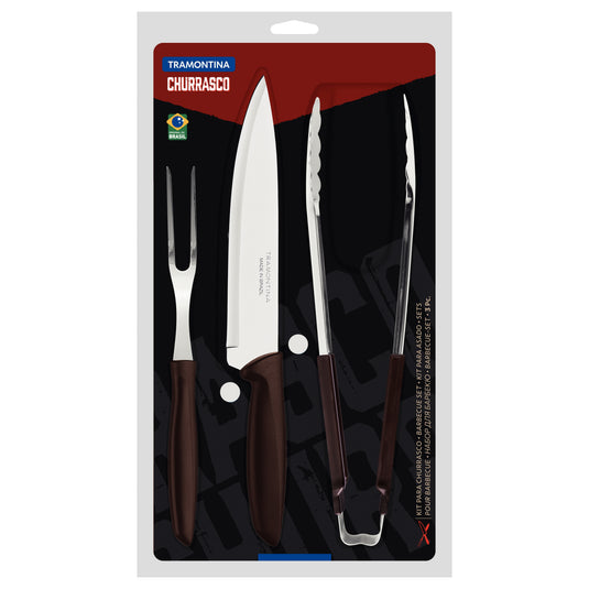 Tramontina Plenus 3-Piece Barbecue Kit with Stainless-Steel Blades and Brown Polypropylene Handles