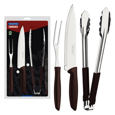 Tramontina Plenus 3-Piece Barbecue Kit with Stainless-Steel Blades and Brown Polypropylene Handles