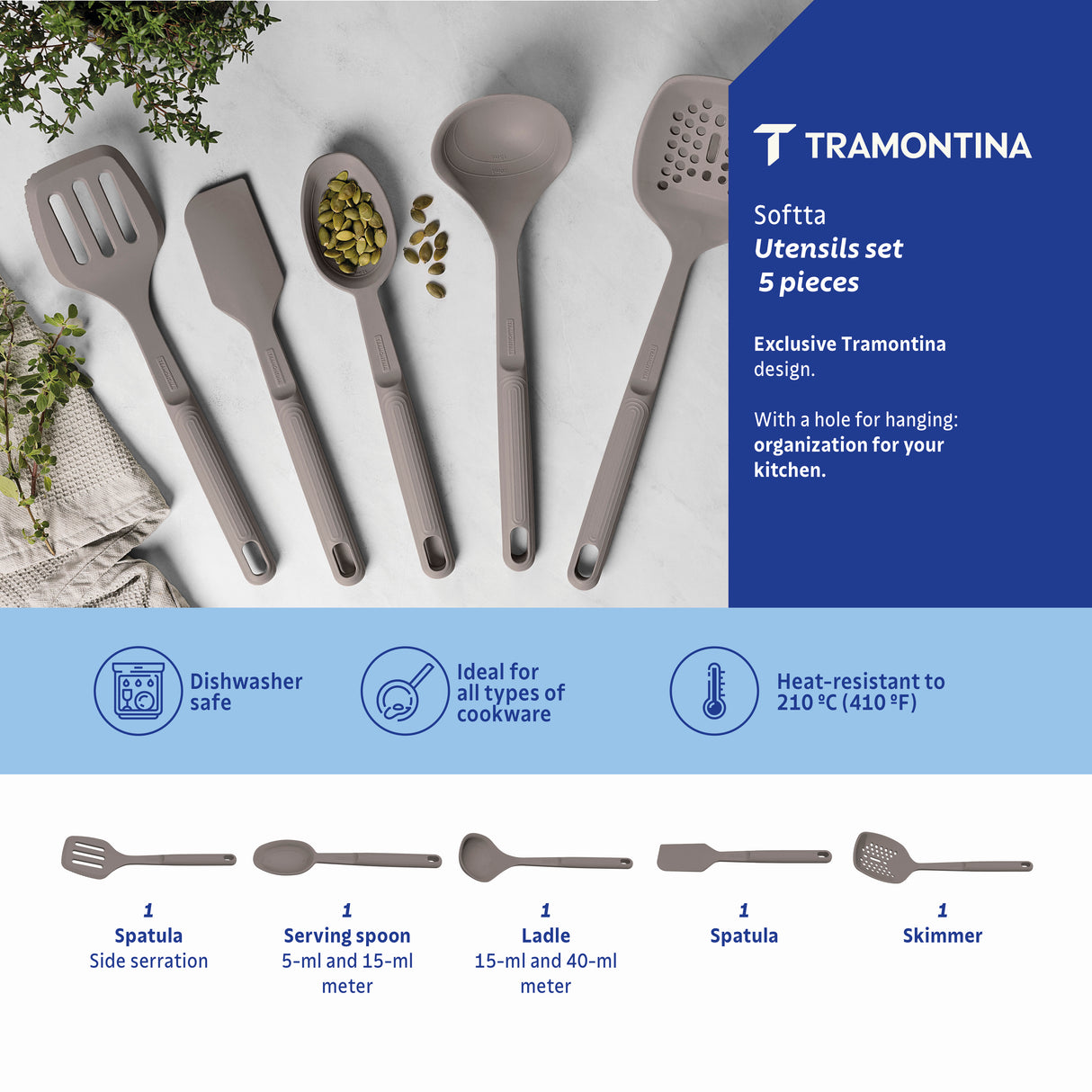 Soffta 5-Piece Grey Silicone Utensil Set