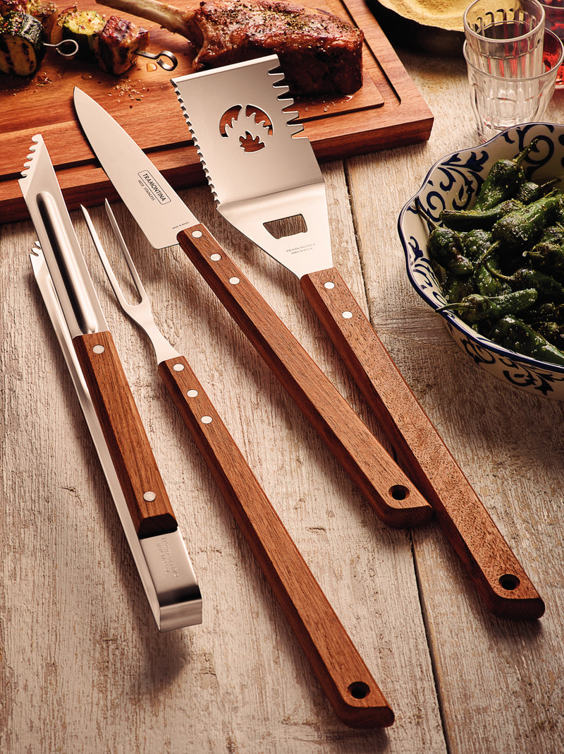 Load image into Gallery viewer, Tramontina Barbecue Stainless Steel Spatula with Serrated Edge and Wooden Handle, 48cm
