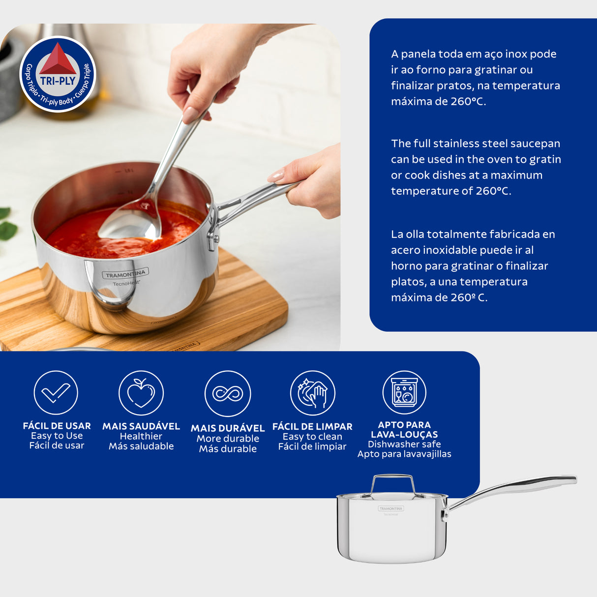 Grano Try-Ply Clad Stainless Steel Sauce Pan, 16cm, 1.7L