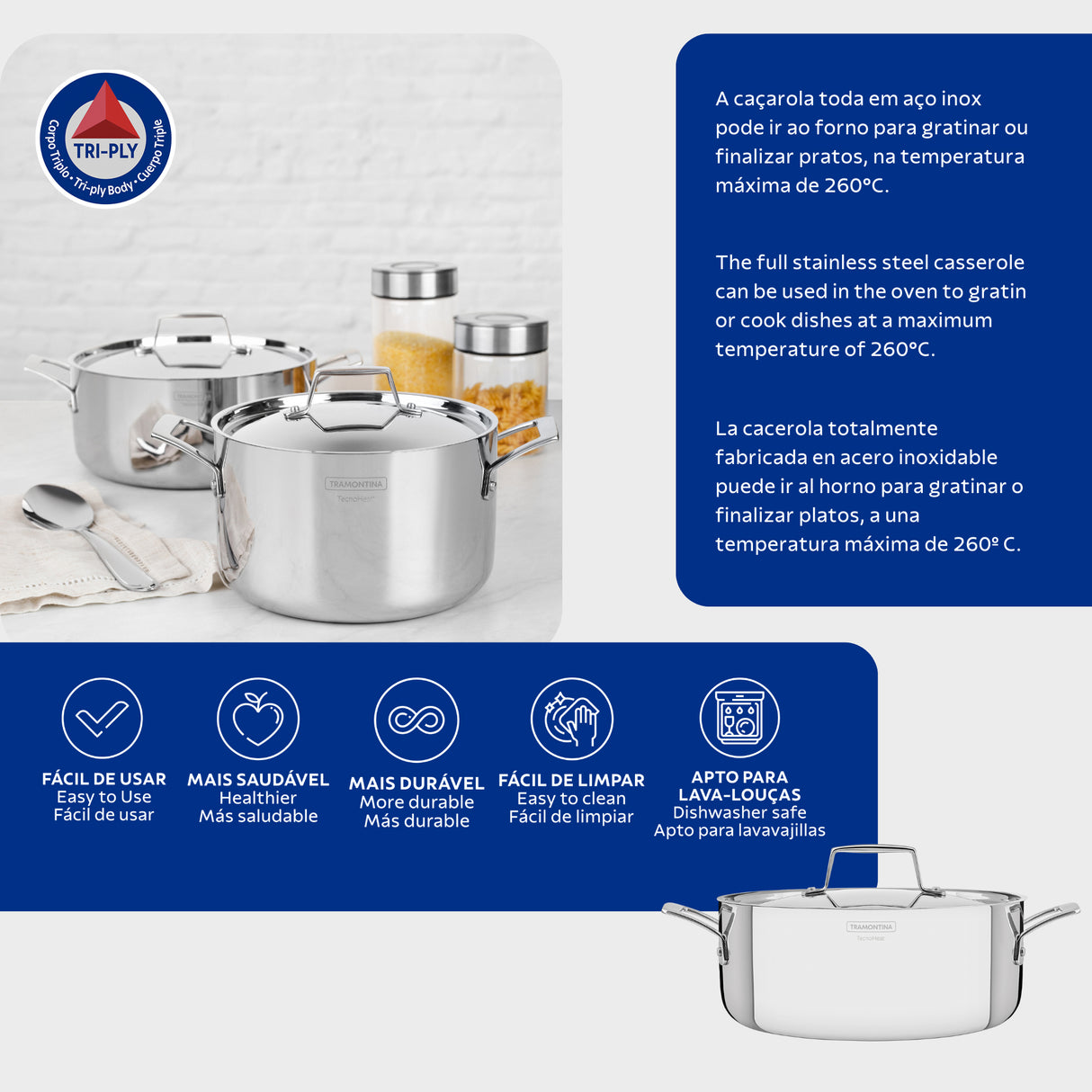 Grano Try-Ply Clad Stainless Steel Shallow Casserole, 24cm, 4.4L