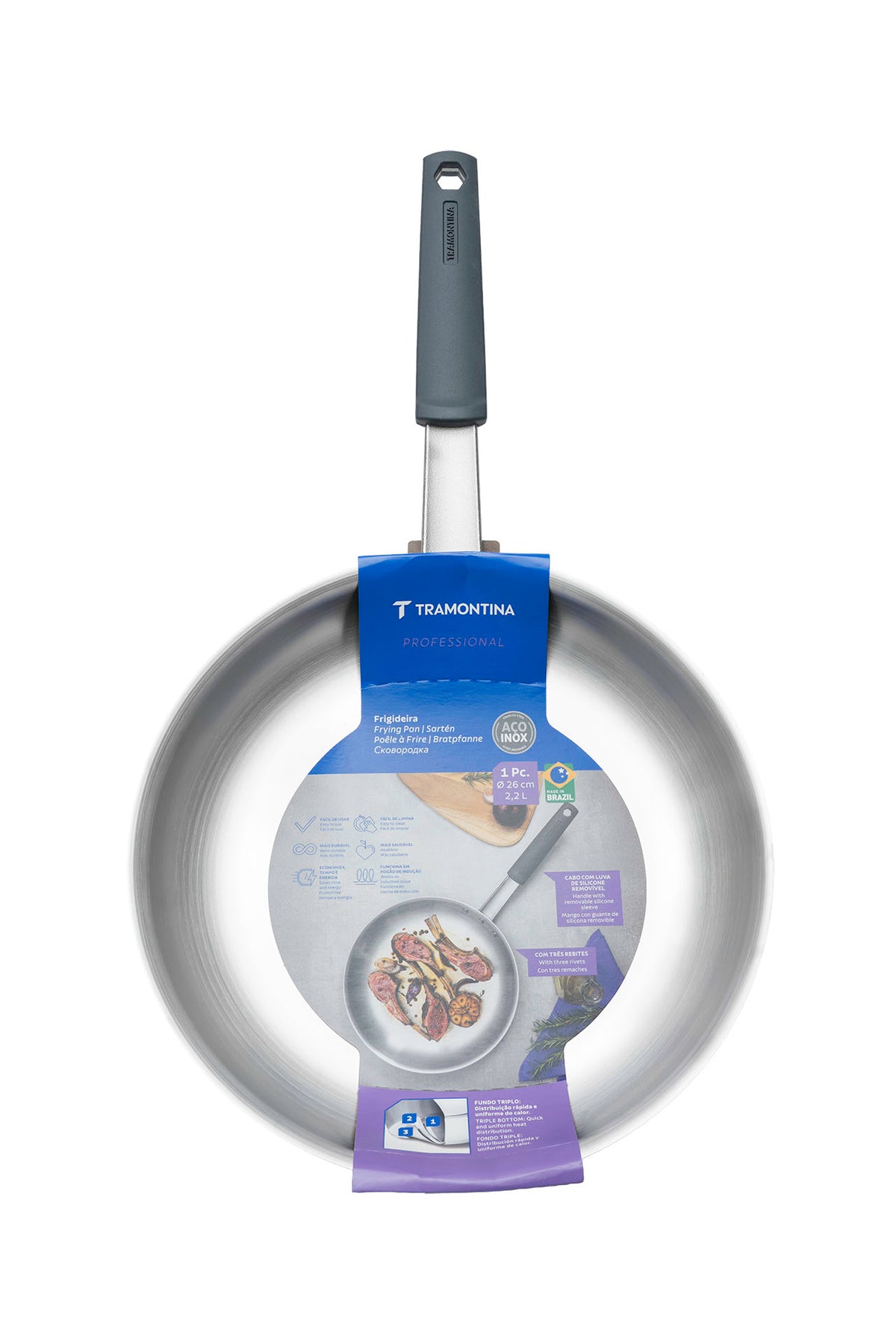 Professional Stainless Steel Frying Pan with Tri-Ply Base and Removable Grey Silicone sleeve, 26 cm