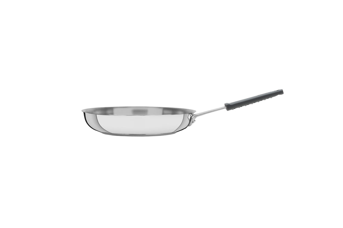 Professional Stainless Steel Frying Pan with Tri-Ply Base and Removable Grey Silicone sleeve, 26 cm
