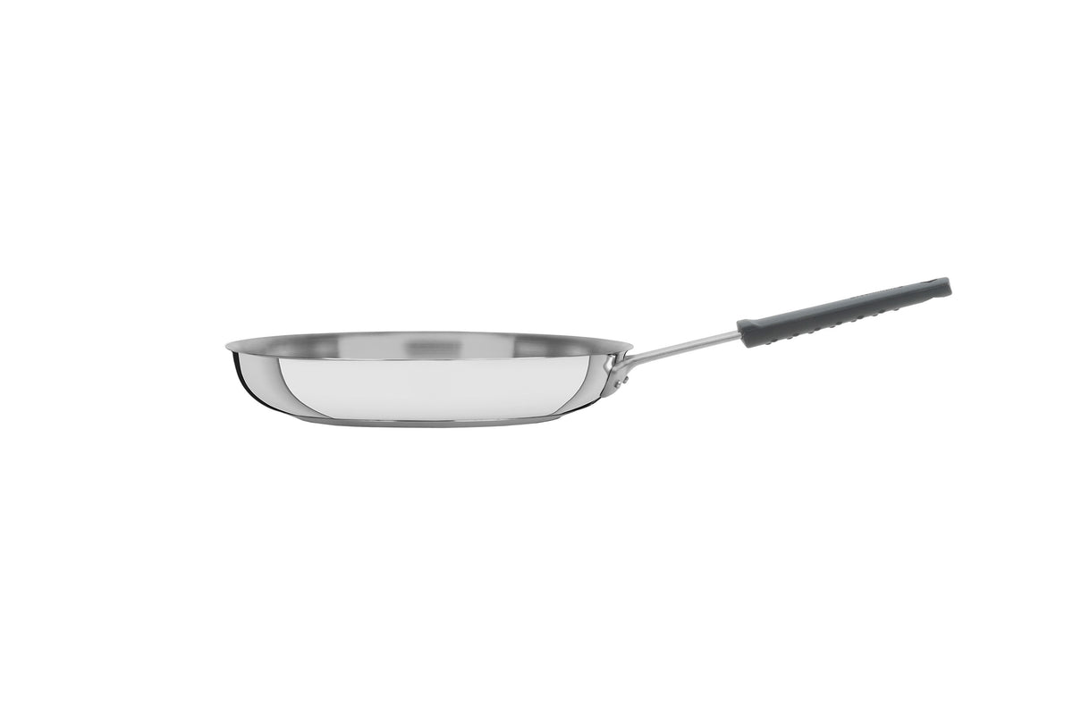Professional Stainless Steel Frying Pan with Tri-Ply Base and Removable Grey Silicone sleeve, 30cm