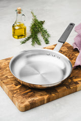 Professional Stainless Steel Frying Pan with Tri-Ply Base and Removable Grey Silicone sleeve, 30cm