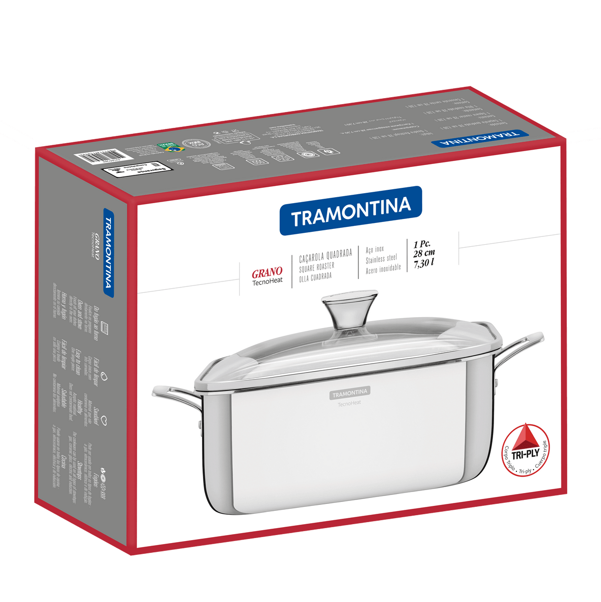Grano Try-Ply Clad Stainless Steel Square Casserole, 28cm, 7.3L